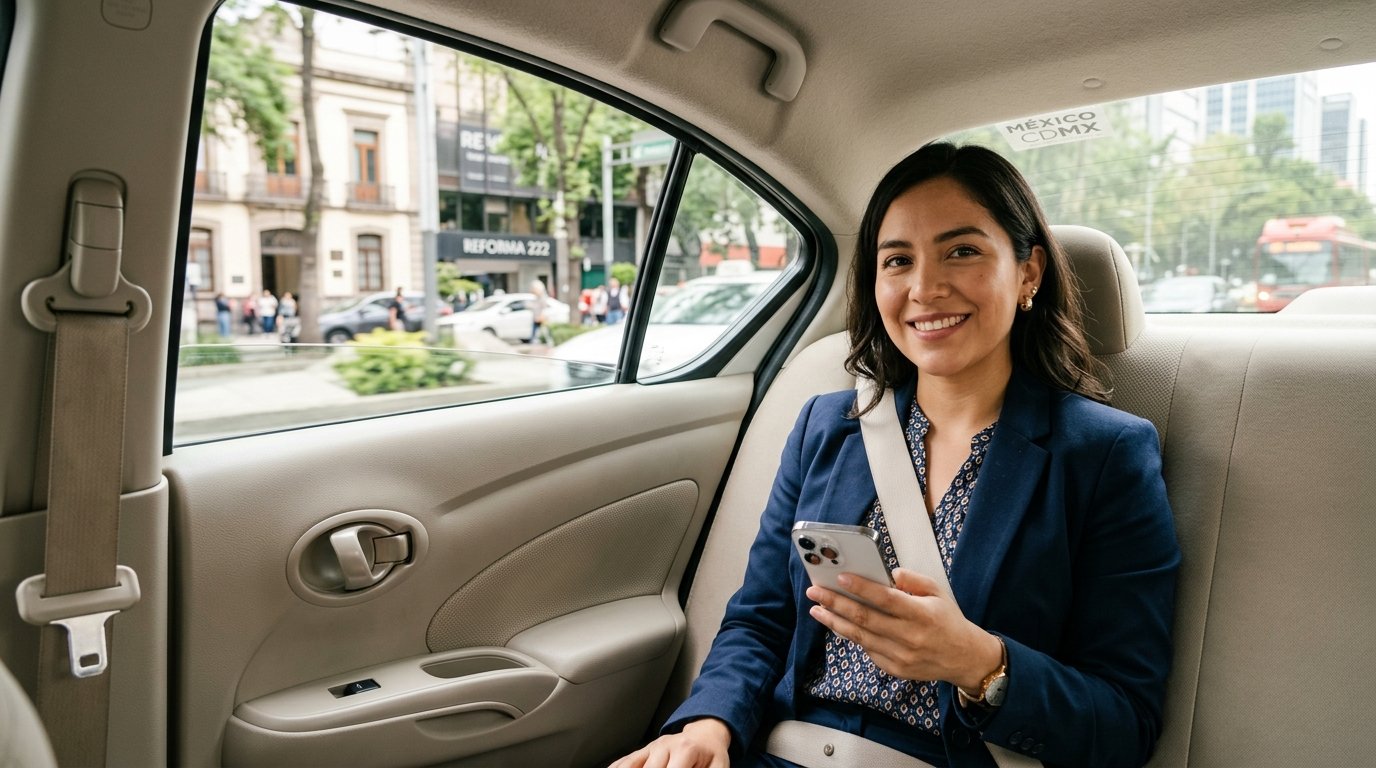 Pasajero viajando en taxi con la app Taxiseguro